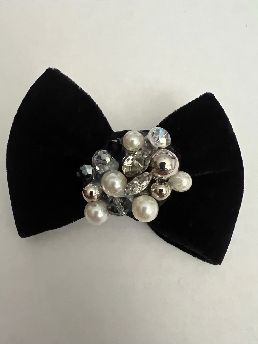 Black Velvet Bow Hair Clip with Pearl Cluster - Women Accessories 4”
